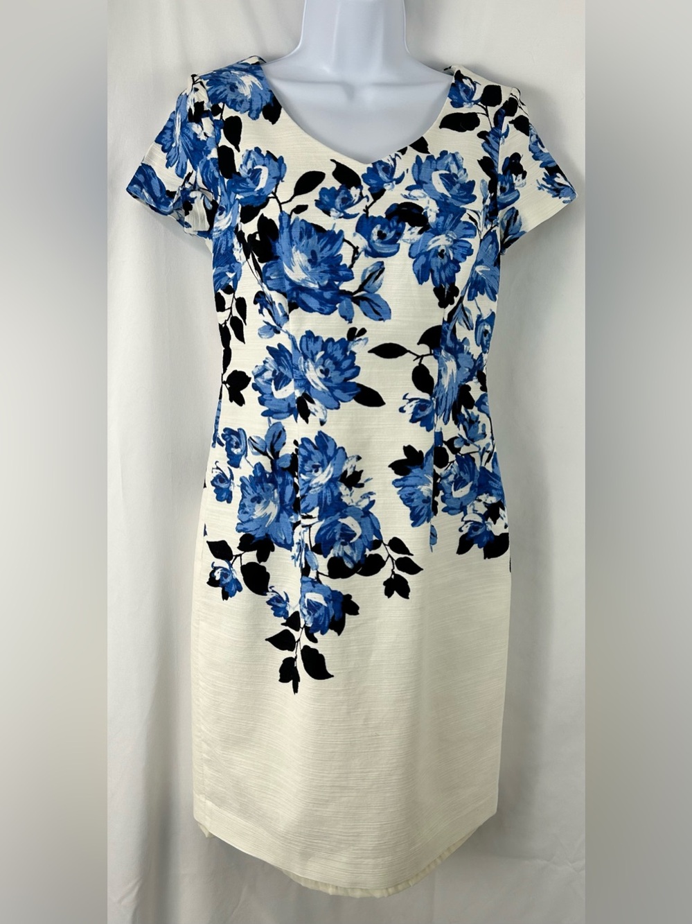 Talbots Blue Floral Sheath Dress Cotton Stretch Short Sleeve Size 2